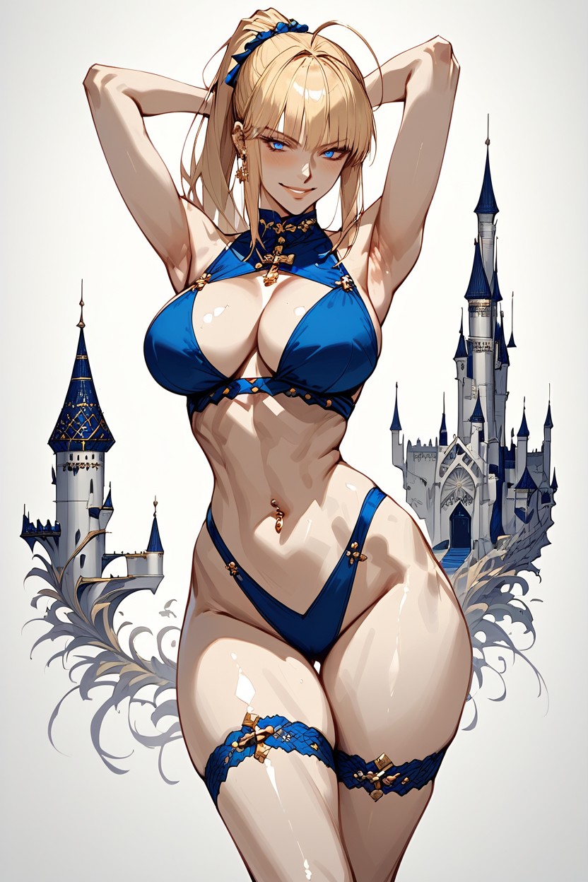 Tall Castle Spires In Background, Blue Thigh Garter, Minimal Clothes Hentai AI Porn
