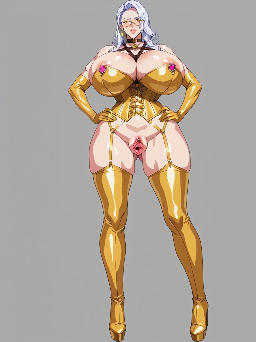 Gold Long Latex Gloves, Hourglass Figure, Detailed Pussy Porno IA Hentai