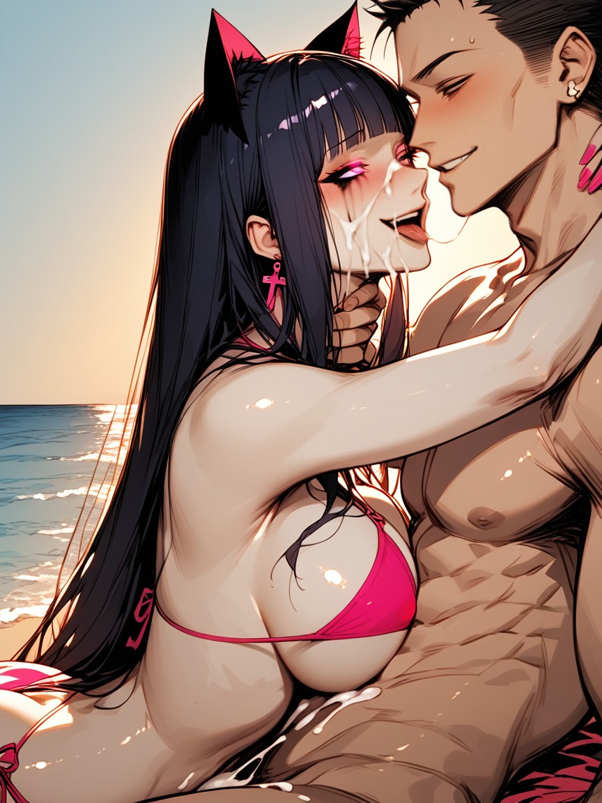 Side View, Beach Sunset Background, Cum Dripping Down Face Hentai AI Porn