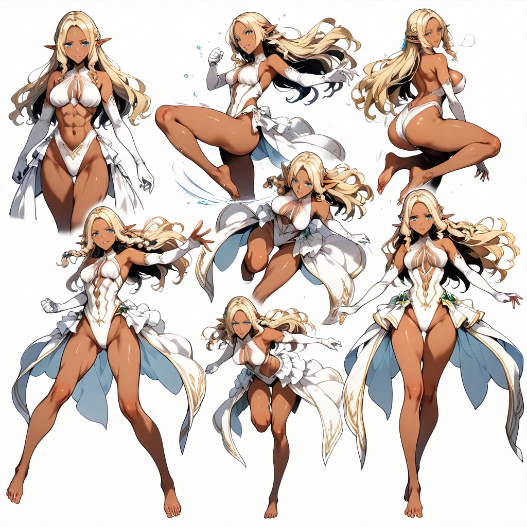Highly Varied Action Poses And Angles, Blue Eyes, Canonical White Fantasy Outfit AI黃漫