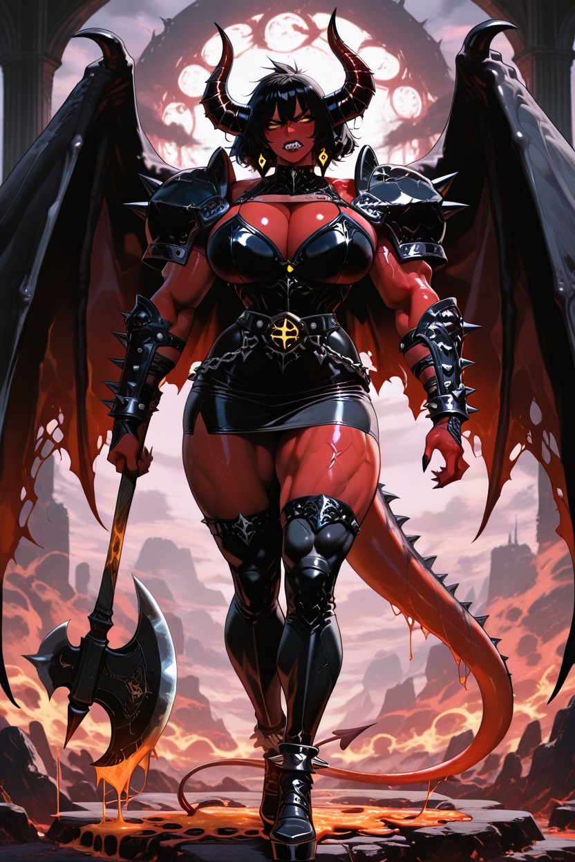 Standing On A Metal Platform, Glowing Reflections On Armor, Axe Lifted Overhead With Both Hands AI黃漫
