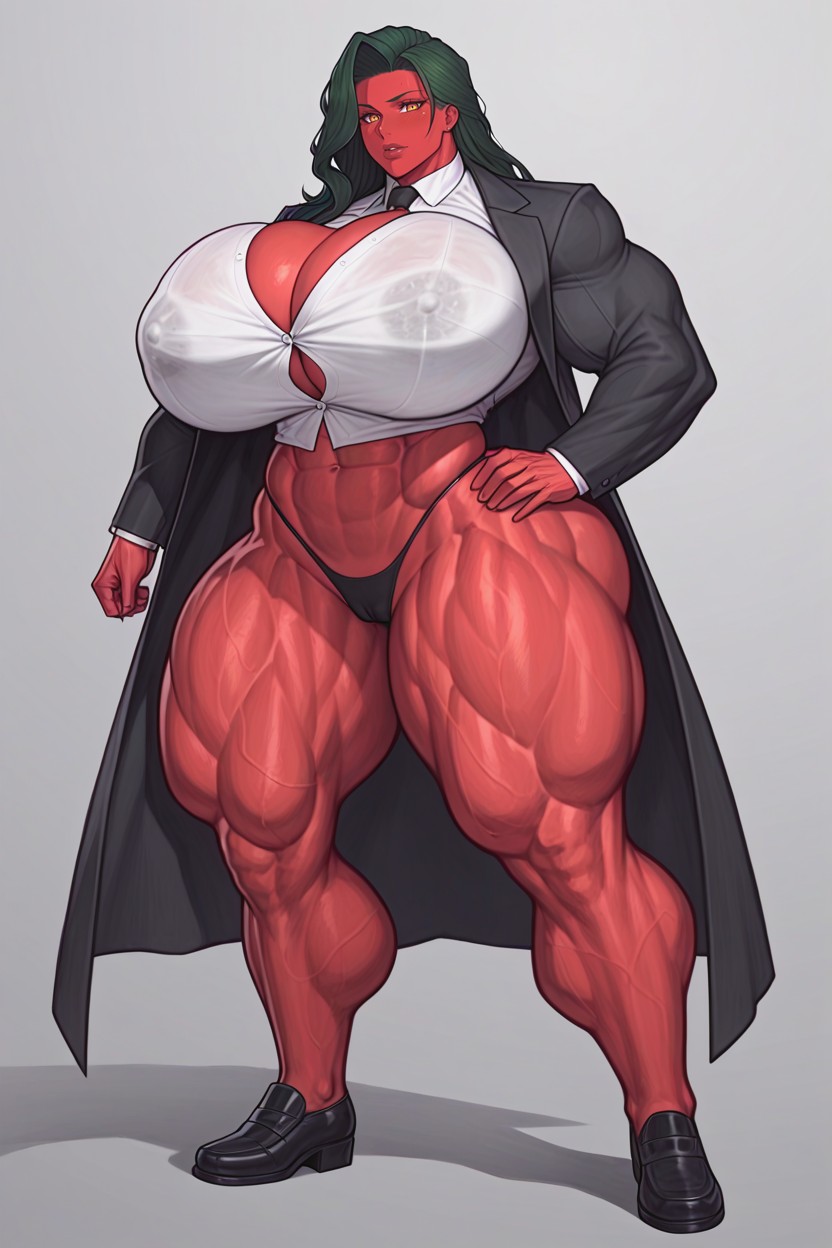 Massive Muscles, Red Skin With Glowing Green Veins, Flexing No Pants No Skirt G-string Panties Hentai AI Porn