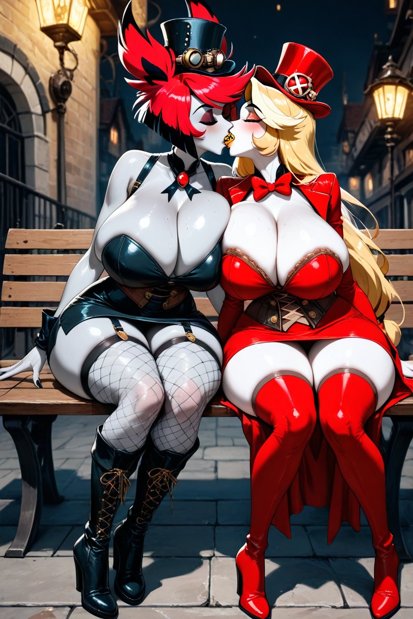 Red Pupils, Gray Skin, Sitting Together On Bench Hentai AI Porn