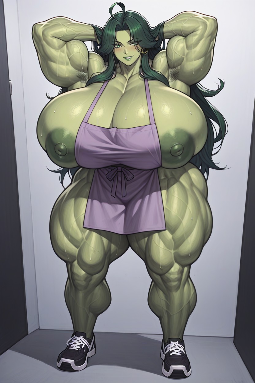 Wearing A Purple Apron Revealing Areolas And Nipples Slip Asura Ai Style No Pants Massive Breasts, Blushing, Apron Hentai AI Porn