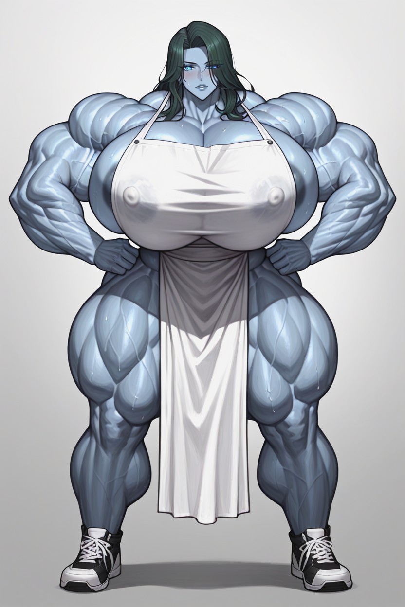 Dark Blue Areolas, Extremadamente Pesado En La Parte Inferior, Wearing A White Apron Revealing Areolas And Nipples Slip Asura Ai Style No Pants Massive Breasts Hentai IA