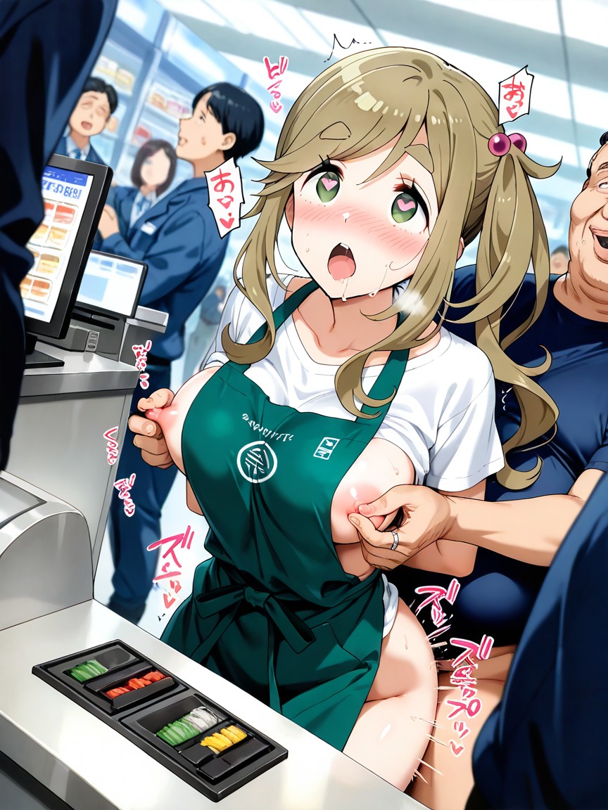 Medium Breasts, Cashier, White Shirt With Dark Green Apron Hentai AI Porn