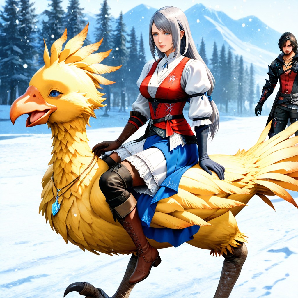 White Blouse With Puffed Sleeves And High Collar, Jill Riding Chocobo, Standing Hentai AI Porn