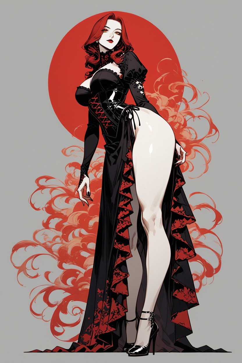 25+, Commanding Gaze Toward The Viewer Thick Expressive Linework, Dark Gothic Makeup Curvy Yet Elegant Body Hentai IA