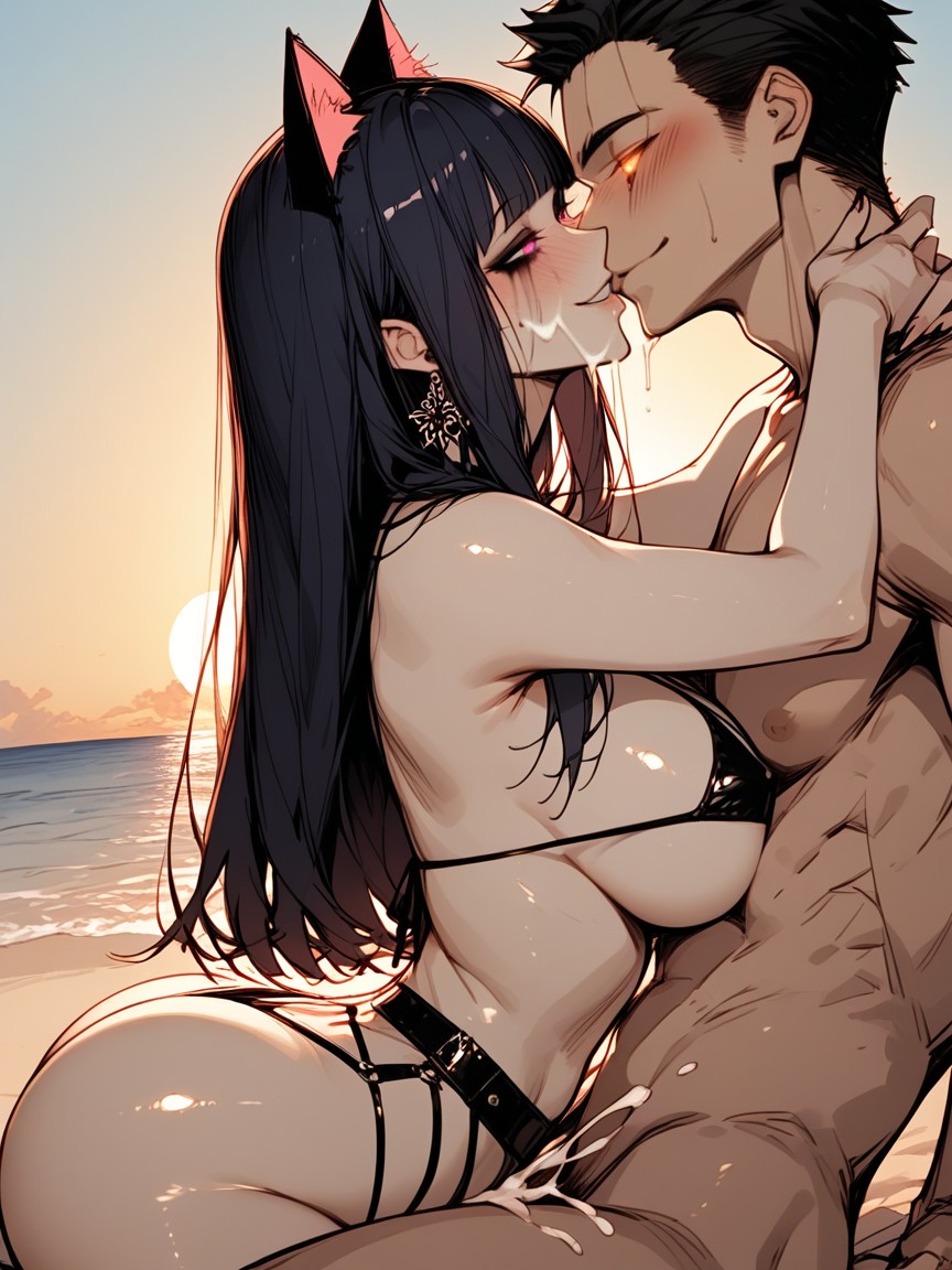 Beach Sunset Background, Massive Thick Cumshot Oozing Down Face, She Is Looking Up Hentai AI Porn