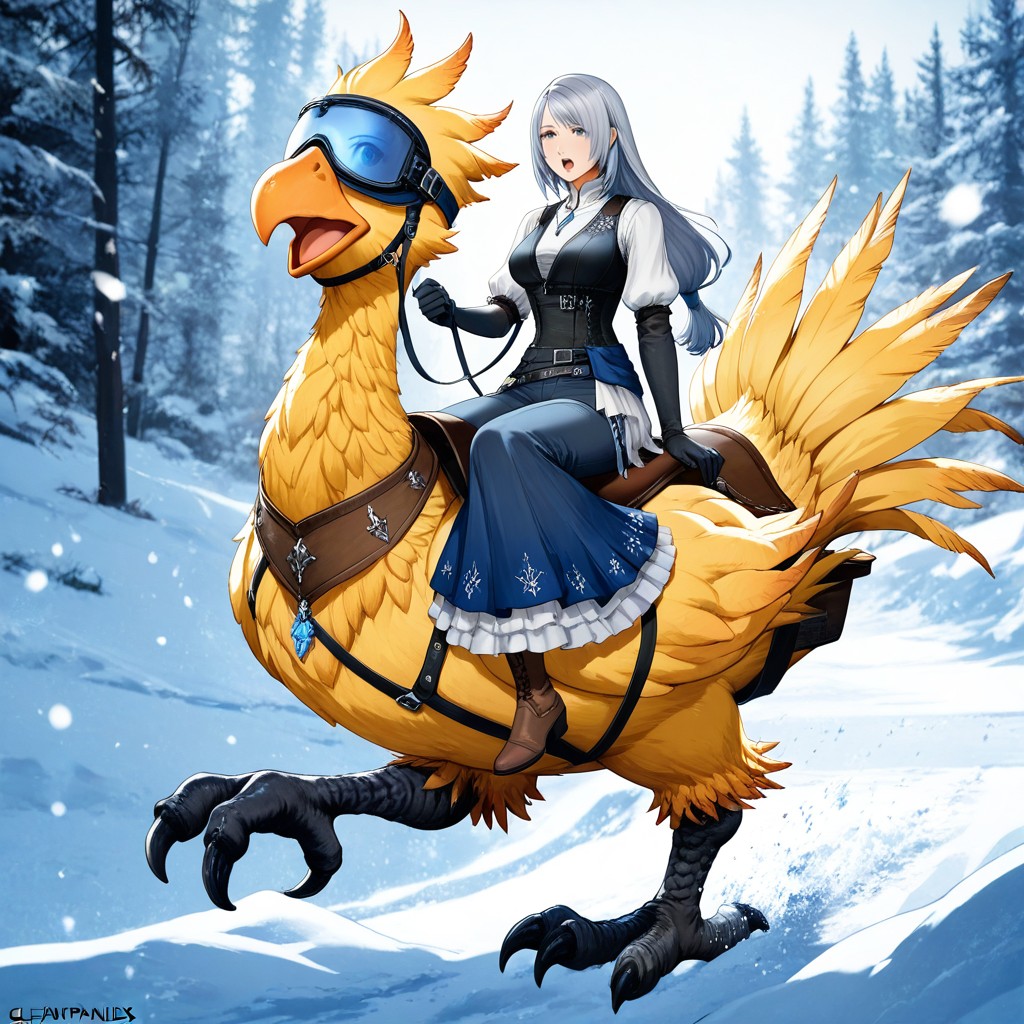 Calves Visible, Leather Bridle On Chocobo Head, Light Snowing Hentai AI Porn