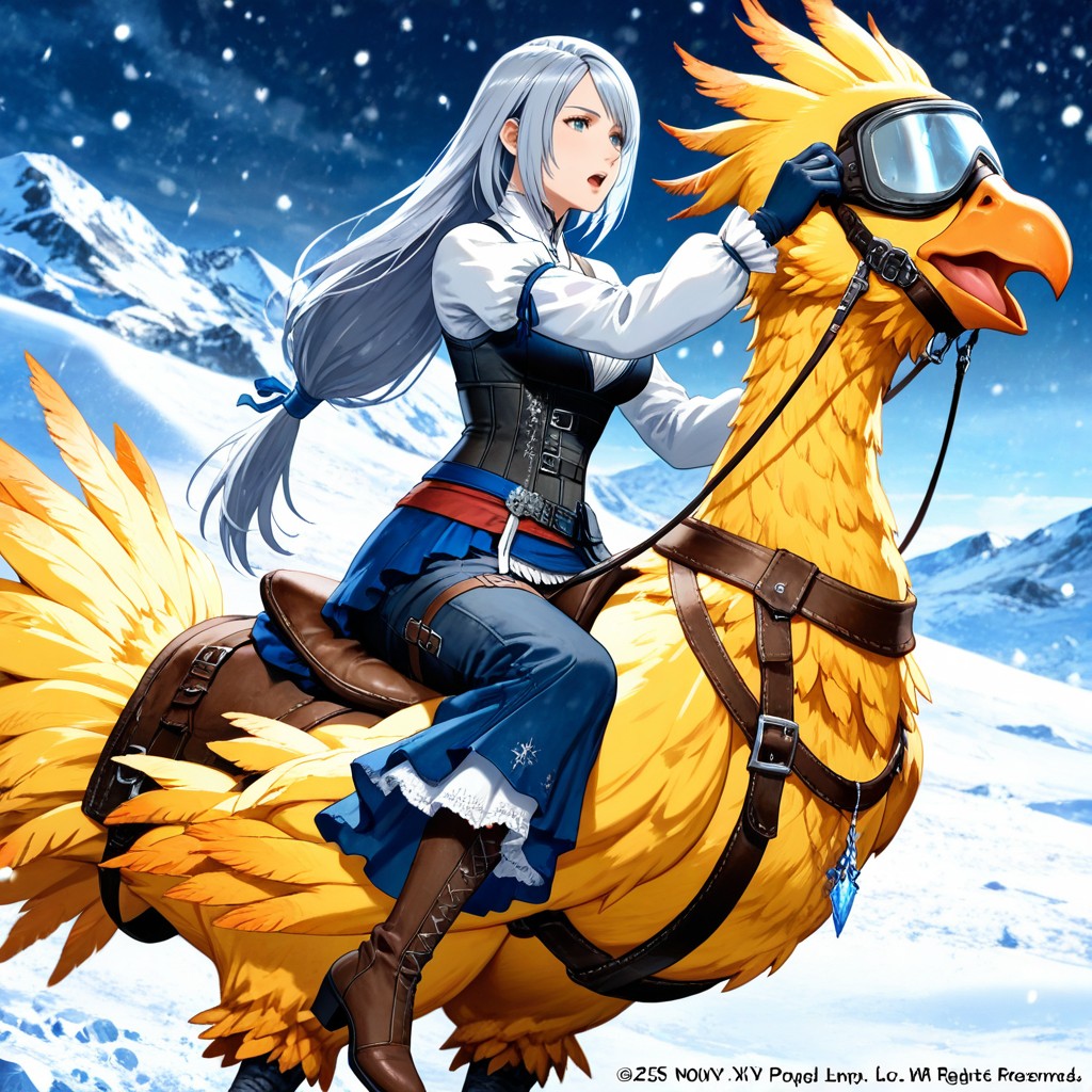 Curious Expression, Sitting Straddling On Saddle On Chocobo Back, Standing Hentai IA