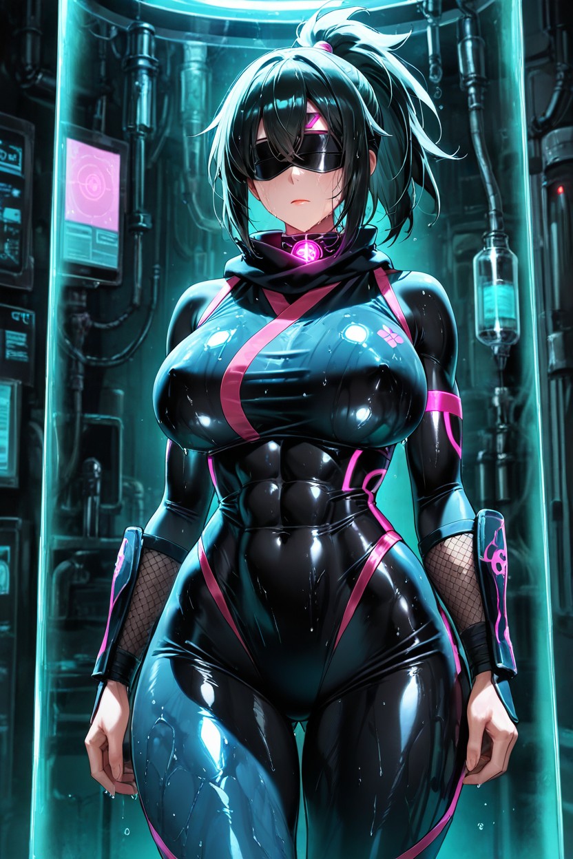 Glowing Tech Collar, Fit, Oiled Body Hentai AI Porn