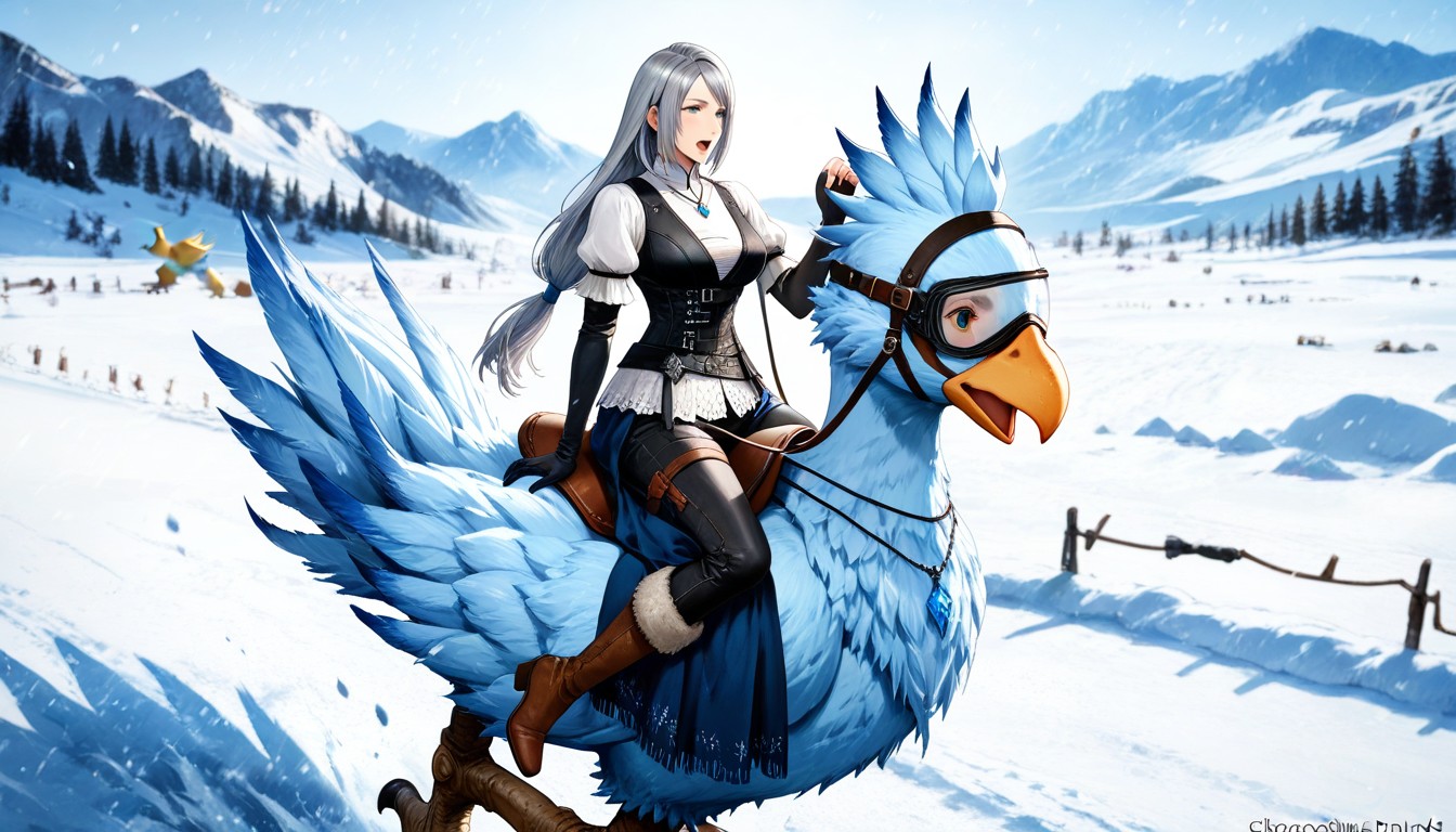 Thigh Length Frilly Blue And White Layered Asymmetrical High-low Skirt, Side View, Medium Ass Hentai AI Porn
