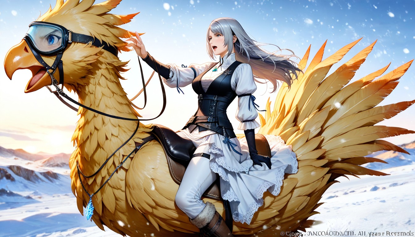 Curious Expression, Sitting Straddling On Saddle On Chocobo Back, Chocobo Running Fast In Snowy Plains Hentai AI Porn