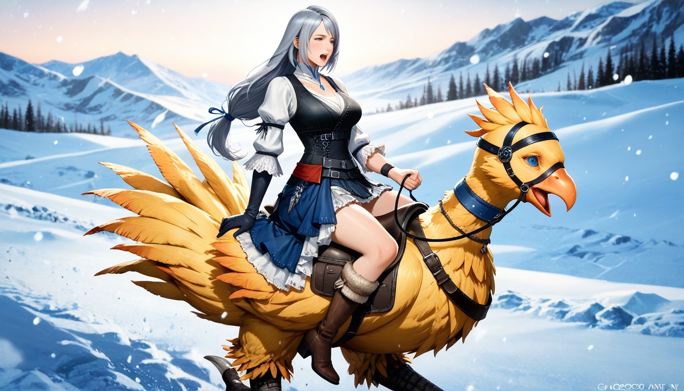 Thighs Visible, Riding Chocobo, Detailed Hentai IA