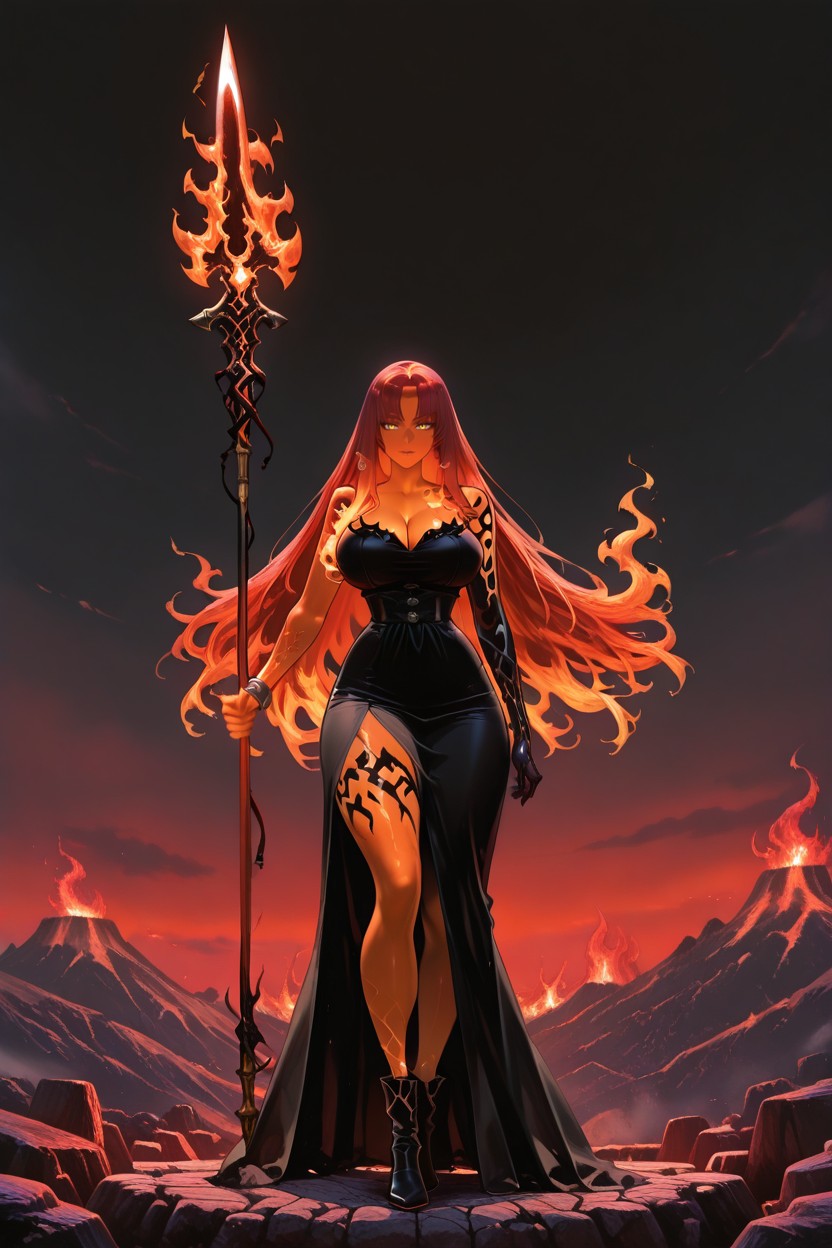 Flame Spirit, Holding A Solid Fire‑forged Spear Dark Heat‑resistant Shaft, Ember Accents Hentai AI Porn