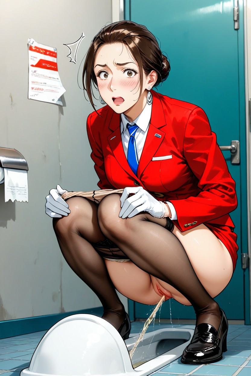 Caught, Red Jacket Hem On Knee, Panties Pulled Down To The Knees Hentai IA pornografia