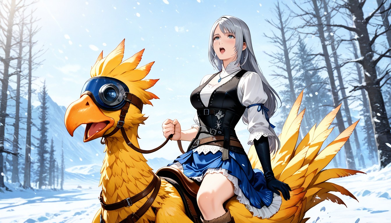 Riding Chocobo, Thigh Length Frilly Blue And White Layered Asymmetrical High-low Skirt, Light Snowing Hentai AI Porn