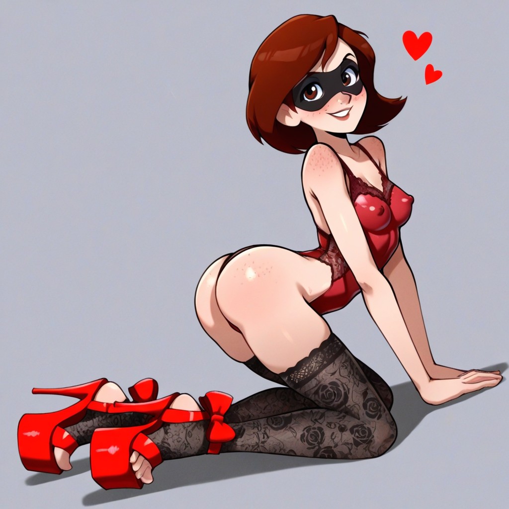 Helen Parr Is On Her Hands And Knees, Lingerie Lace Leotard, Detailed Hair Texture Hentai AI Porn