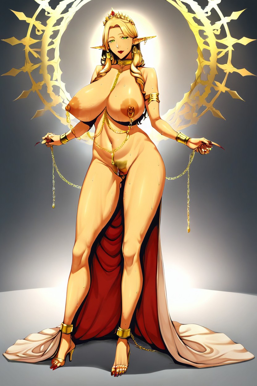 Golden Arm Bracelets, Red Long Nails, Golden Decorated Nipple Chain AI黃漫