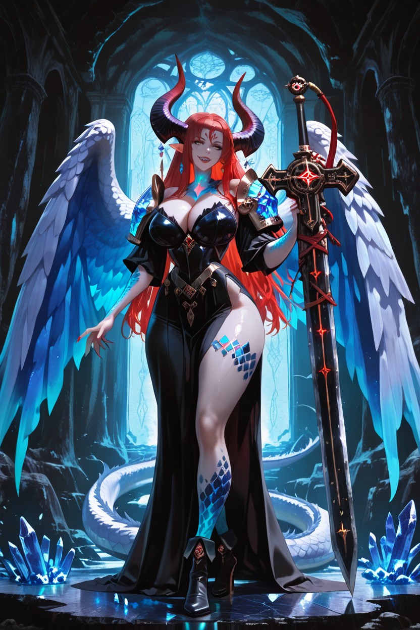Wearing Harmonic Armor With Crystal Inlays And Segmented Metal Plates, Femenino, Cuerpo Completo Hentai IA