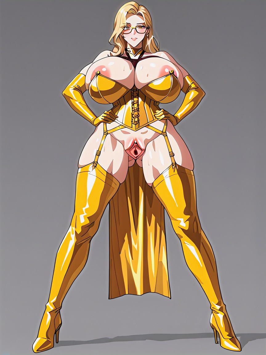 Simple Black Background, Long Gold Latex Stockings, Gold Armored Dress Hentai IA