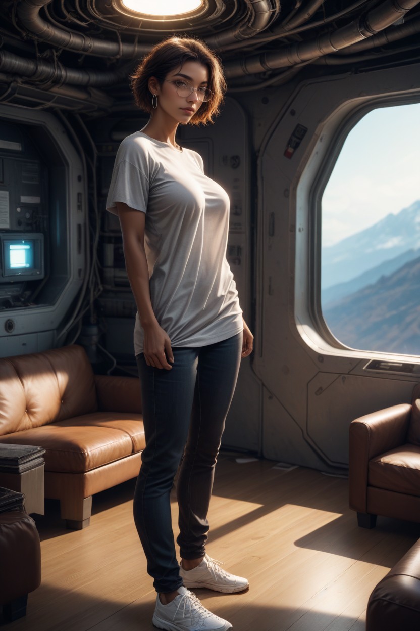 No Bra Interior Of A Futuristic Spaceship Cabin, Detailed Hair, Glowing Control Panels Hentai AI Porn
