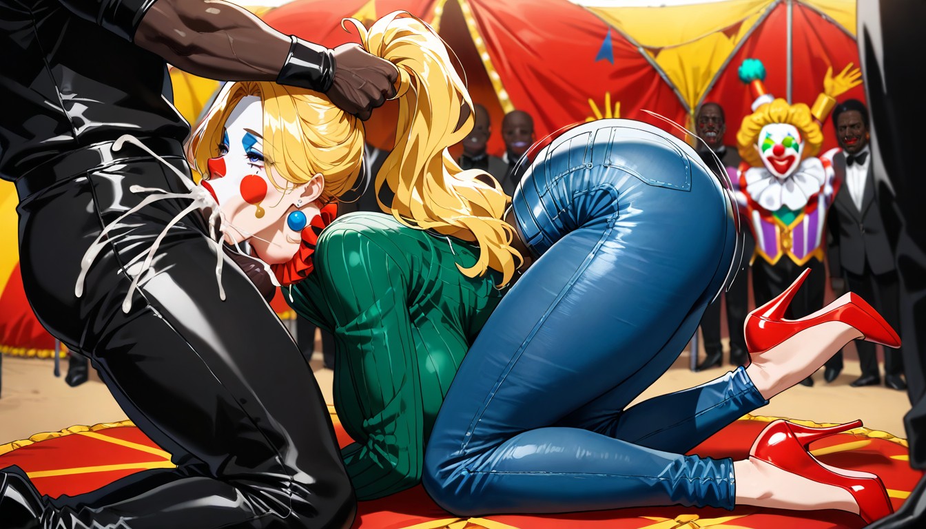 Men In Clown Uniforms With Painted Faces, And Heels, Hair Grab Hentai KI Porno