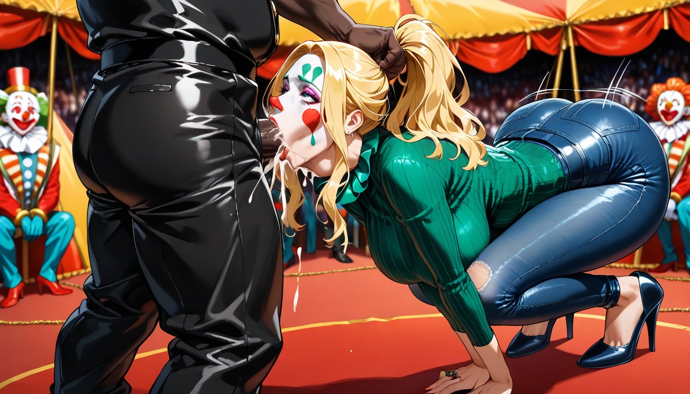 Blurred Background, Blonde With Ponytail, Clown Getting A Blowjob Hentai AI Porn