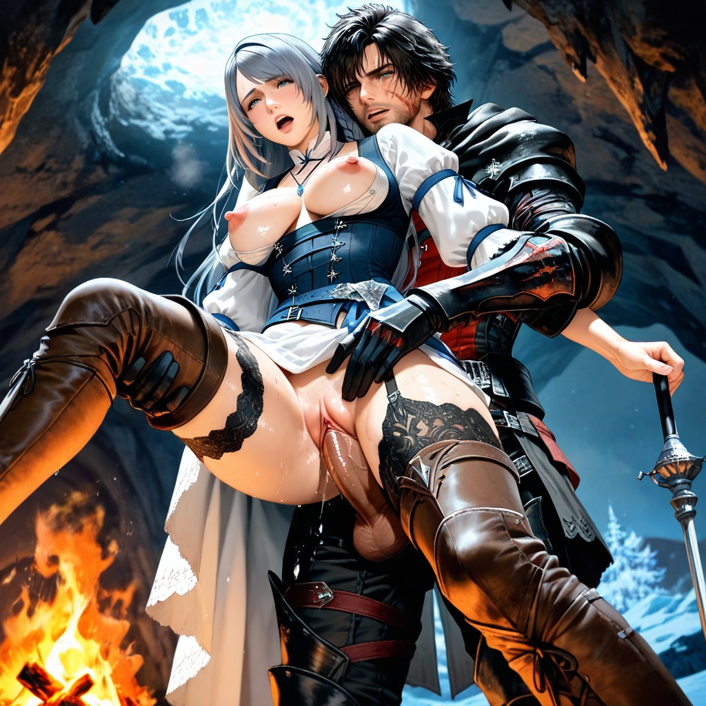 One Woman And One Man, Man Is Clive Rosfield From Final Fantasy Xvi, Dark Blue Leather Corset-style Vest Porno IA Hentai