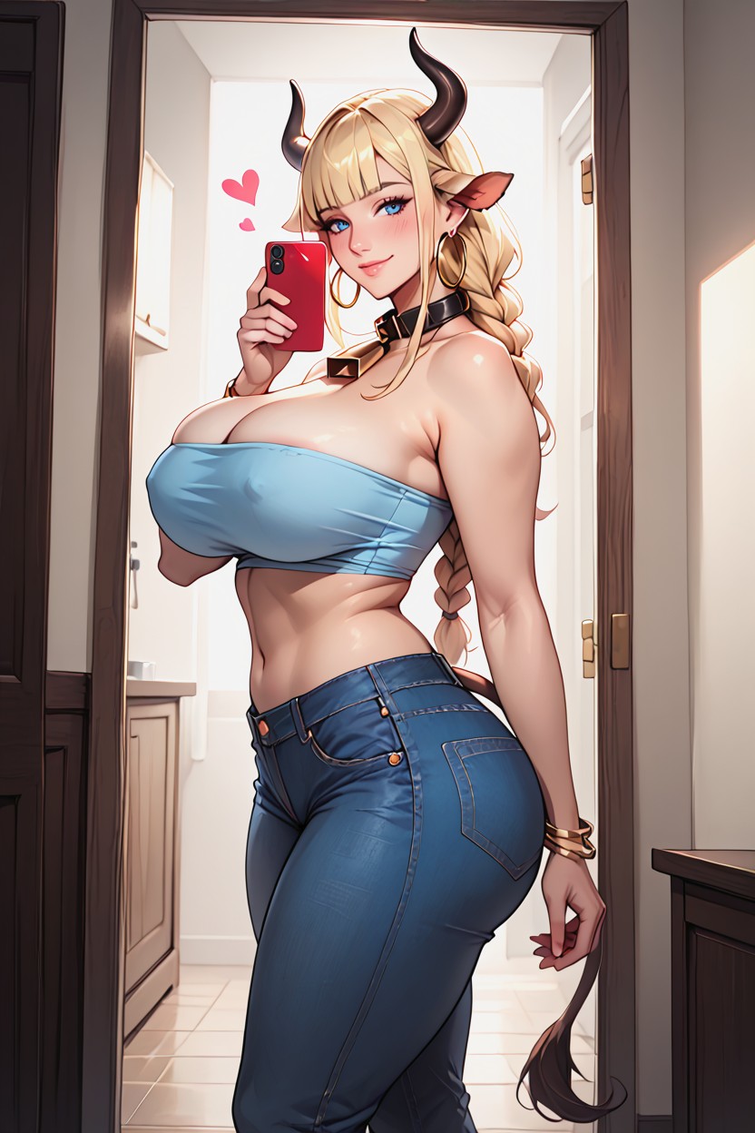 Long Straight Blonde Hair With Blunt Bangs, Gold Hoop Earrings, High Detail Porno IA Hentai