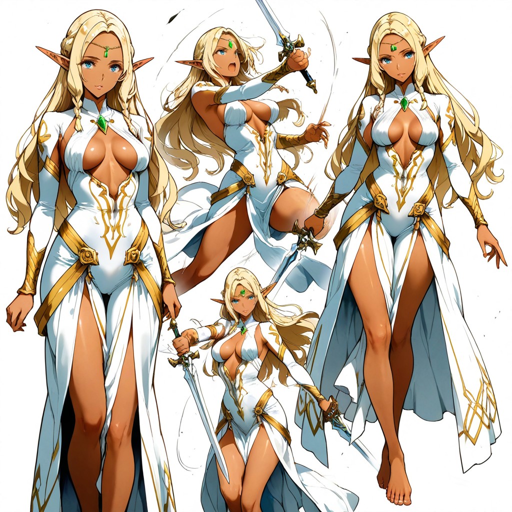 White Background, Canonical White Fantasy Outfit, Proper Knee Direction ヘンタイAIポルノ
