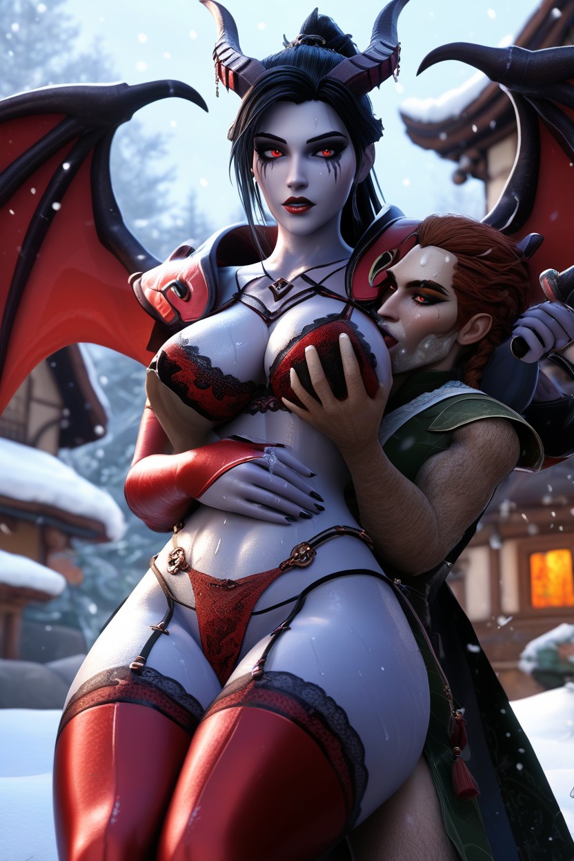 Nieve, Dark Gray Demon Wings, Sweaty Skin Hentai IA