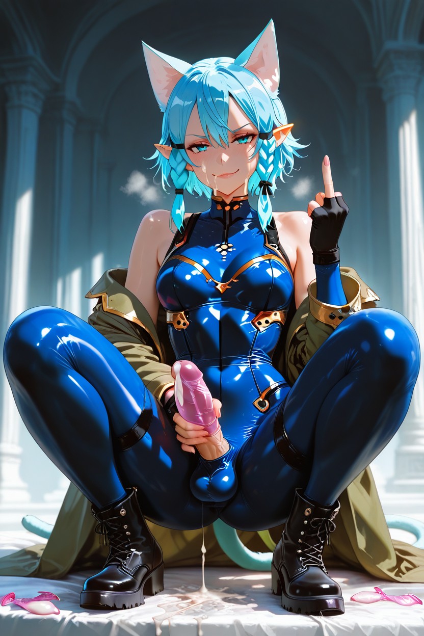 Black Ankle Boots, Thick Rubber Sole, Hair Tied Back With Braids Hentai IA