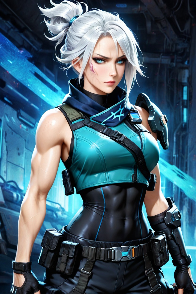 Teal Blue Cropped Vest, High Detail Character Design, Cool Toned White Hair Hentai AI Porn