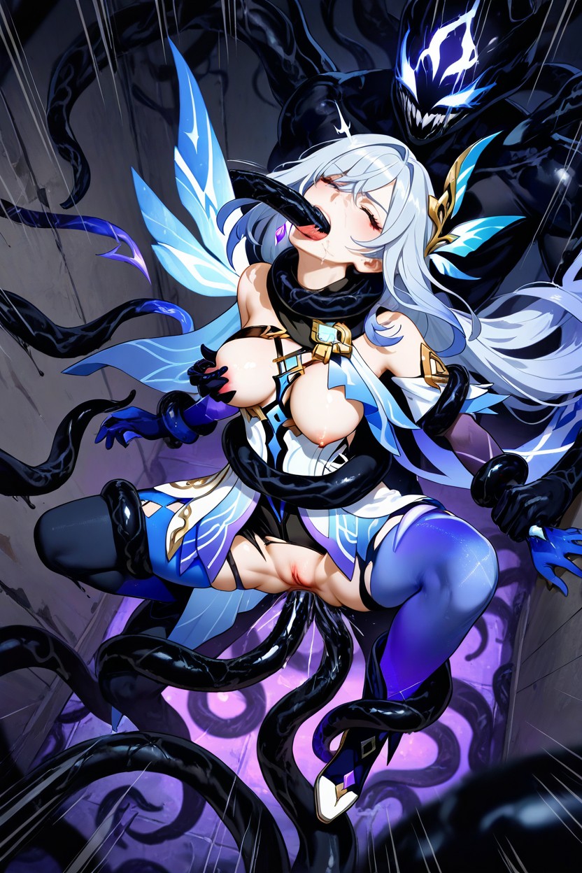 Carry Sex, White And Pale Blue Fitted Bodice With Gold Ornamental Lines, Disgusted 헨타이 AI 포르노