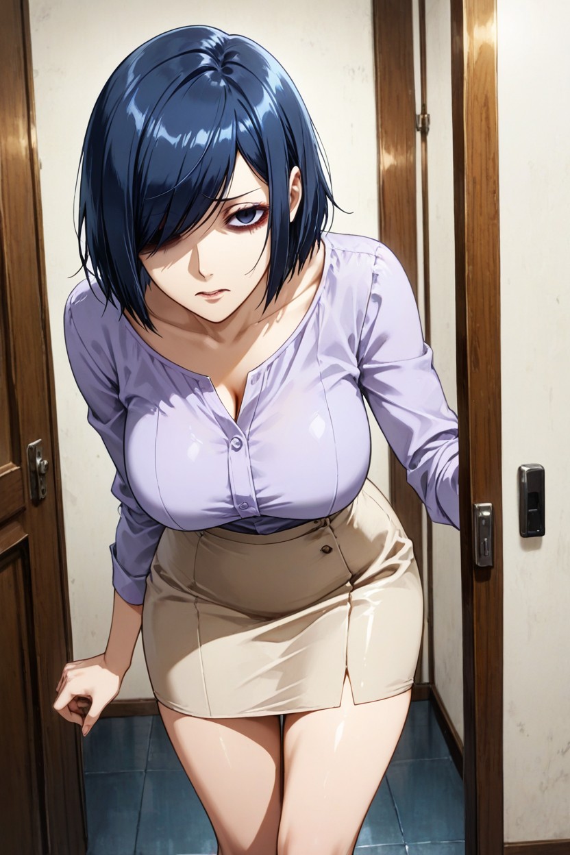 Beige Pencil Skirt, Soft Shine, Right Eye Covered By Hair ヘンタイAIポルノ