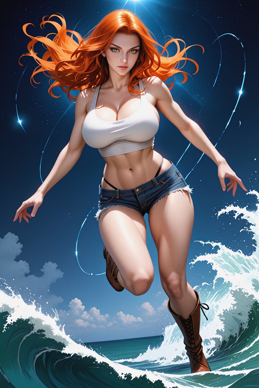 Jumping, Brown Tactics Boots Stunning Model, Stomach Shown Hentai AI Porn