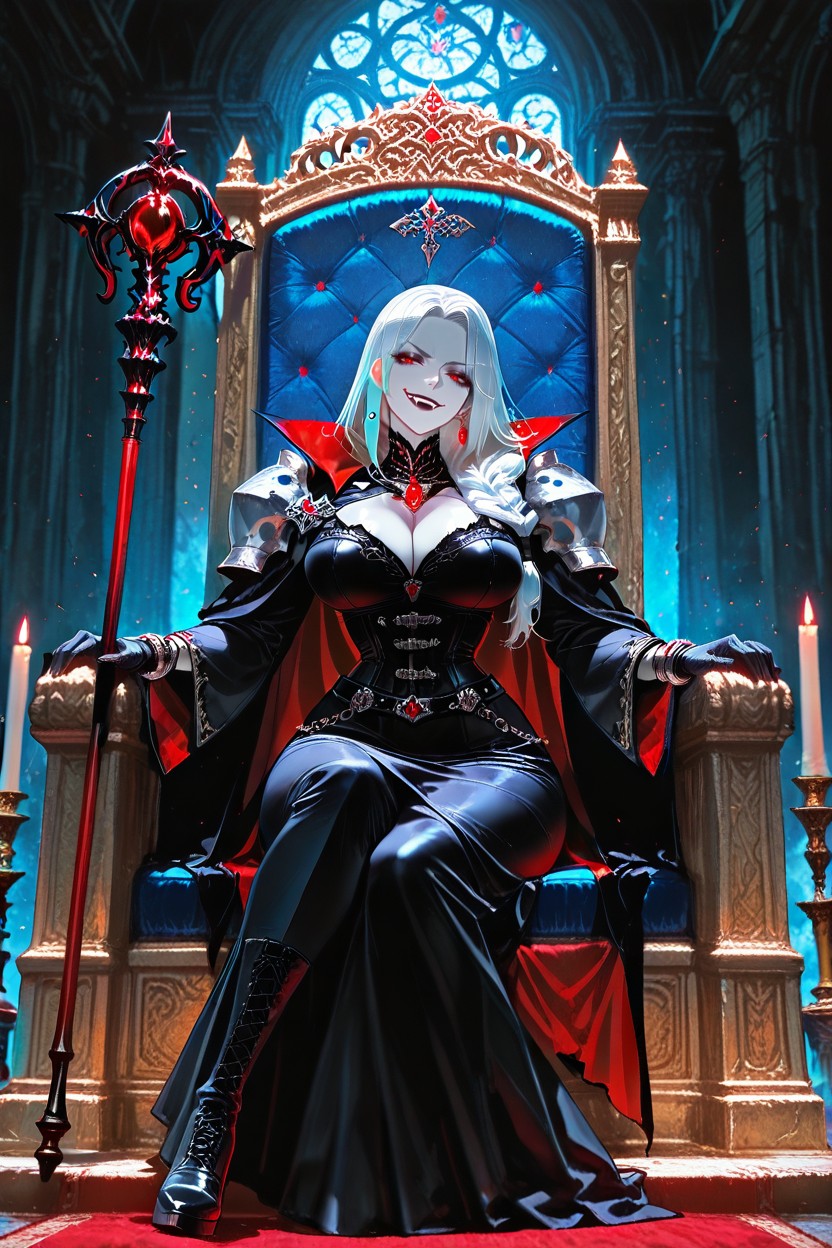 Flowing Dark Cape With Crimson Inner Lining, Straight Back, Gothic Throne Room Hentai AI Porn