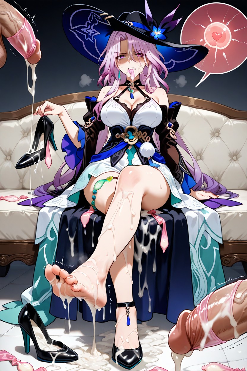 Covered By Cum, Holding Many Used Condom In Mouth, Eyes Wide In Shock Hentai IA