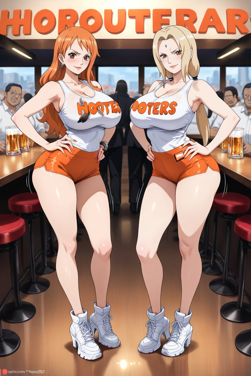 Lively Restaurant Atmosphere Warm Colors, White Top, Nami From One Piece Hentai IA