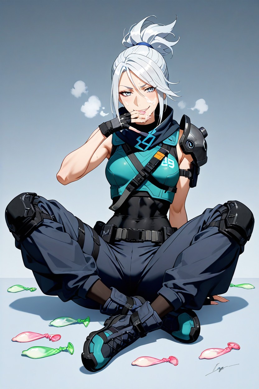 Jett From Valorant, Modern Sci Fi Tactical Outfit, Teal Blue Cropped Vest Hentai AI Porn