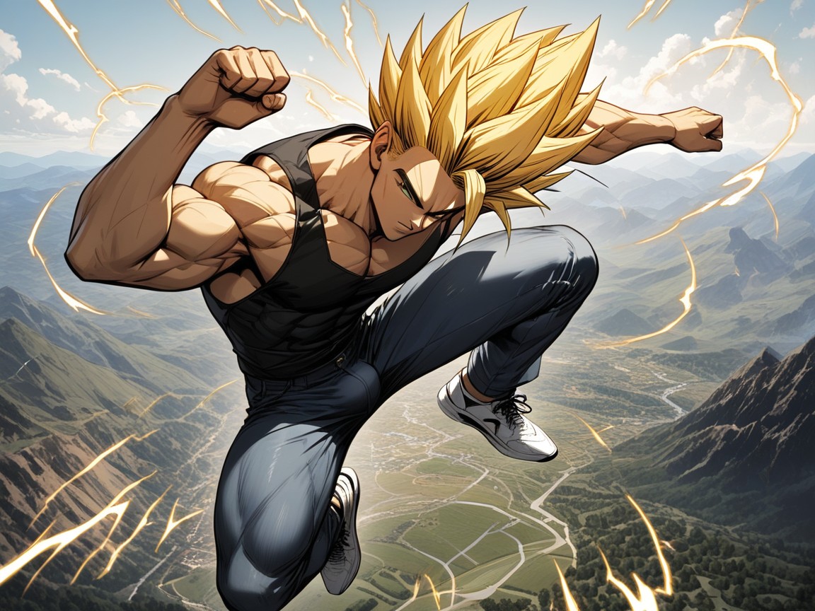 Floating In The Air, White Sneakers, Wearing A Black Singlet Hentai IA