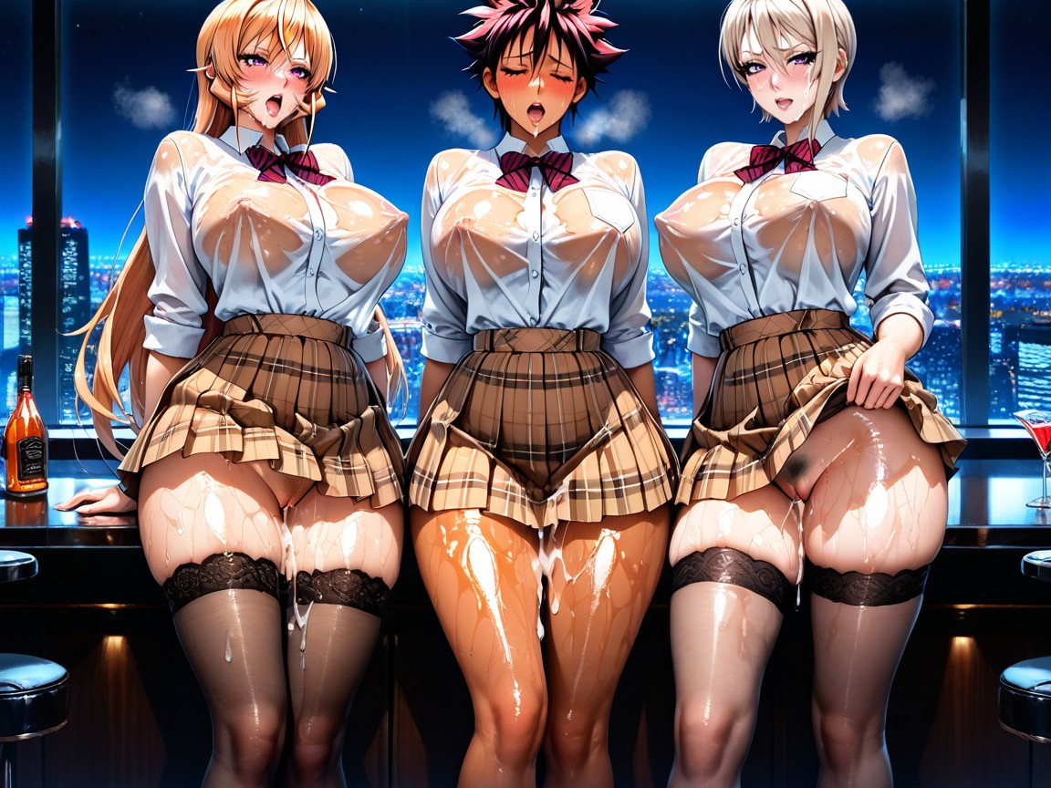 Tan Plaid Pleated Uniform Skirt, Cinematic, Pussy Dripping With Cum Hentai AI Porn