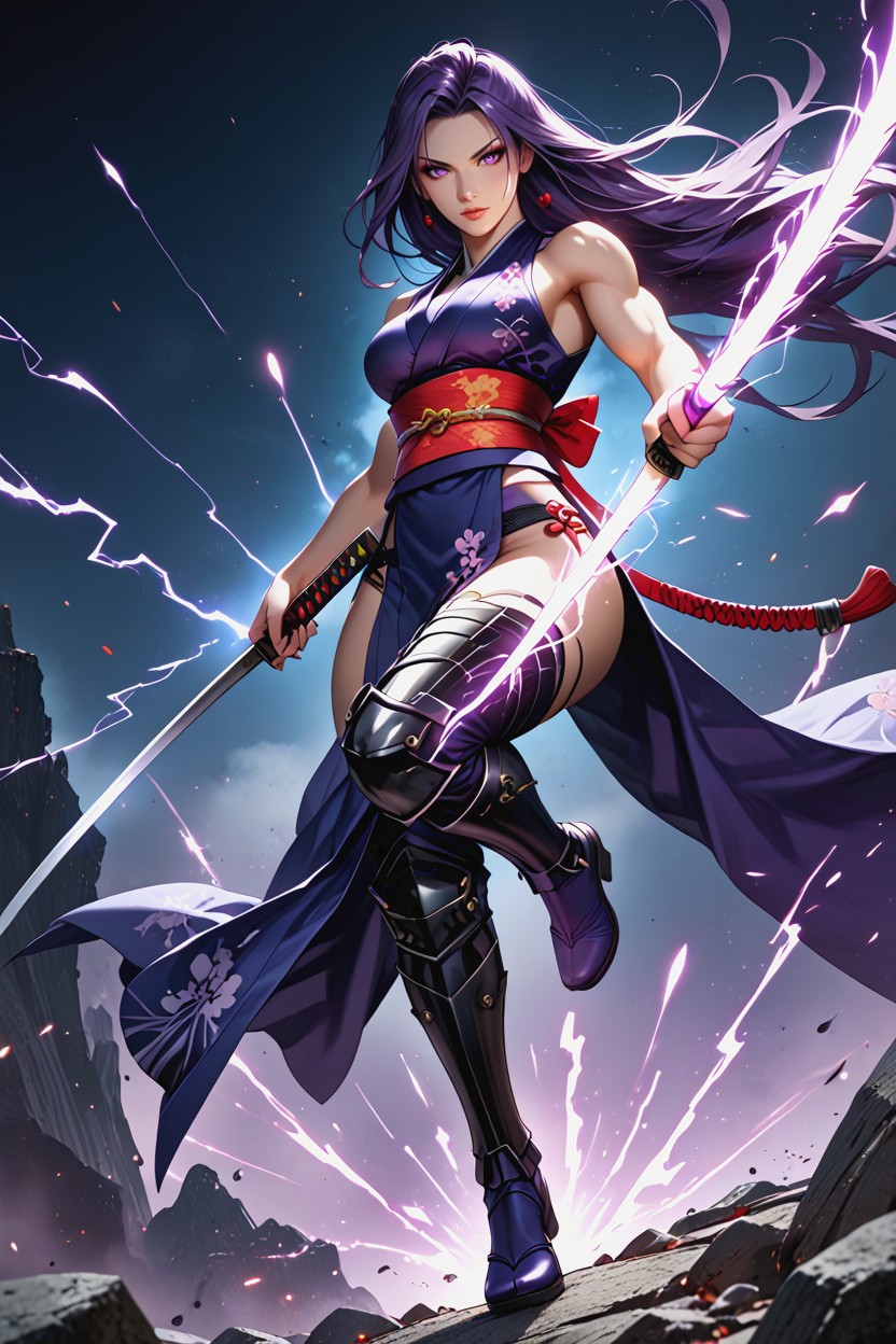 And Energy Particles Flying, Leaping Forward While Delivering A Powerful Diagonal Slash, Mid-air Katana Strike Hentai AI Porn