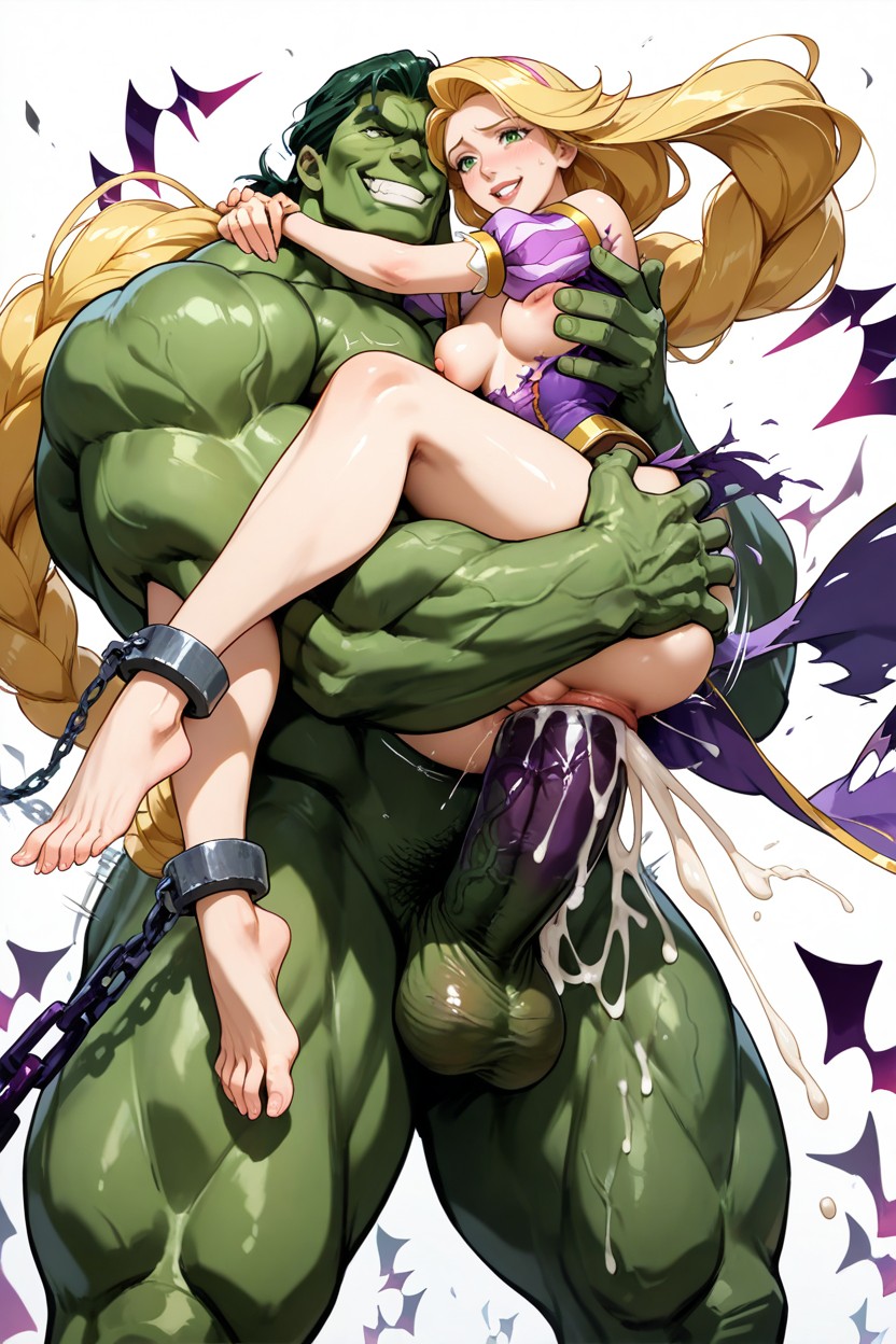 Fucked By Two Green Hulk Twice Her Height, White Background, Anime Art Style Hentai AI Porn