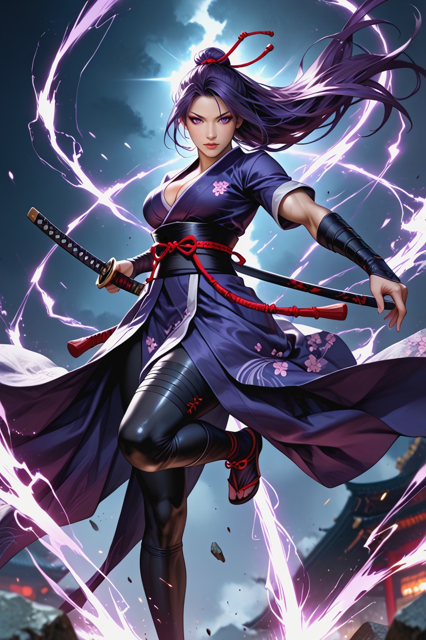 Bright Pink-purple Psychic Blade Aura, Pechos Medianos, Dramatic Perspective Foreshortening Hentai IA