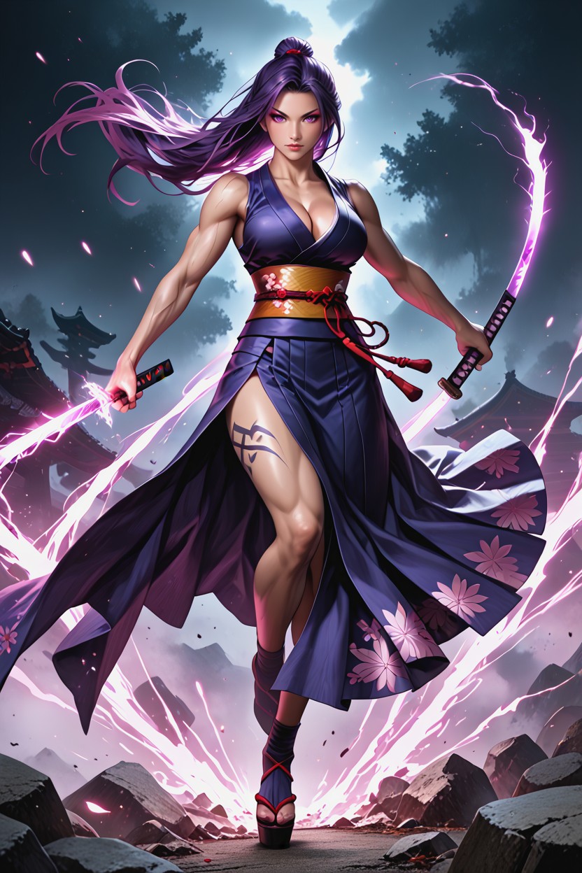 Cleavage, Intense Violet Eyes, Bright Pink-purple Psychic Blade Aura Hentai AI Porn