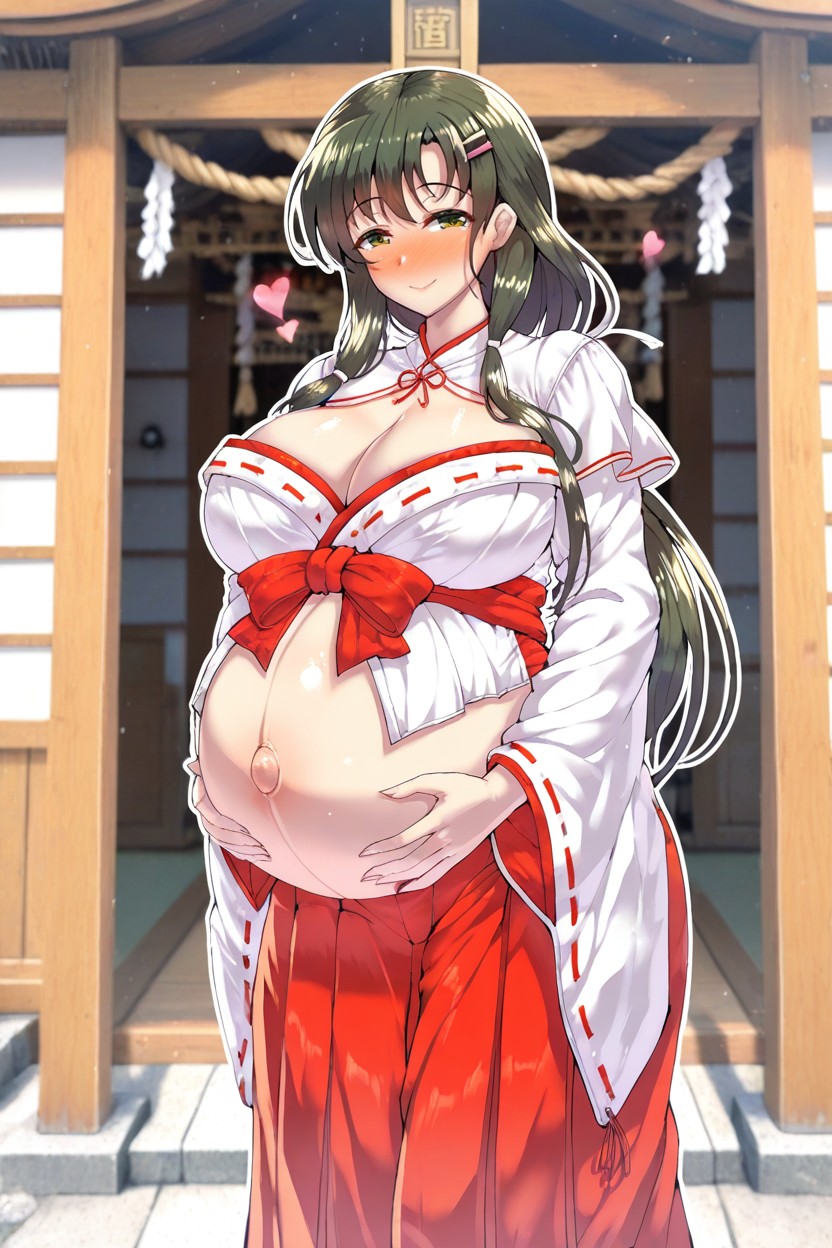 Hands On Belly, Massive Pregnant Waist, Wide Miko Sleeves Hentai IA