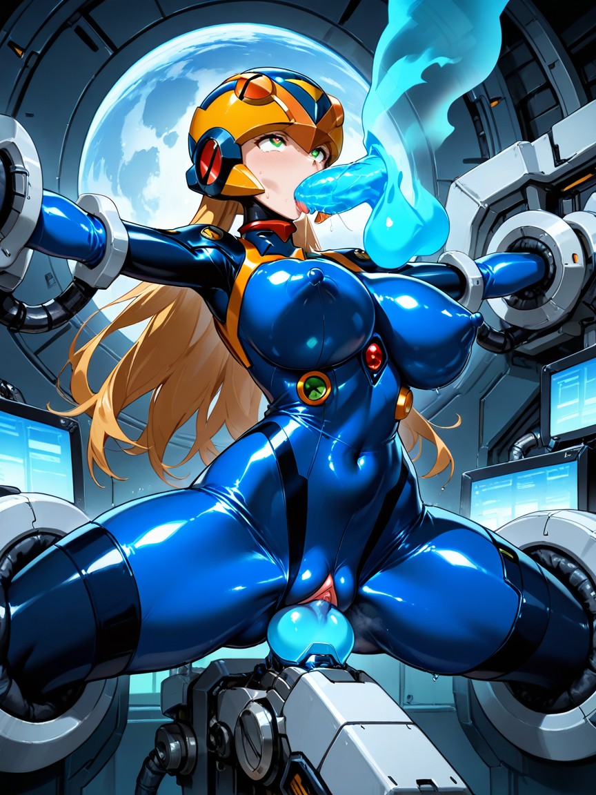 Megamanexe \genderbend\, Highleg Cameltoe With Labia Outline, Blue Bodysuit Hentai IA